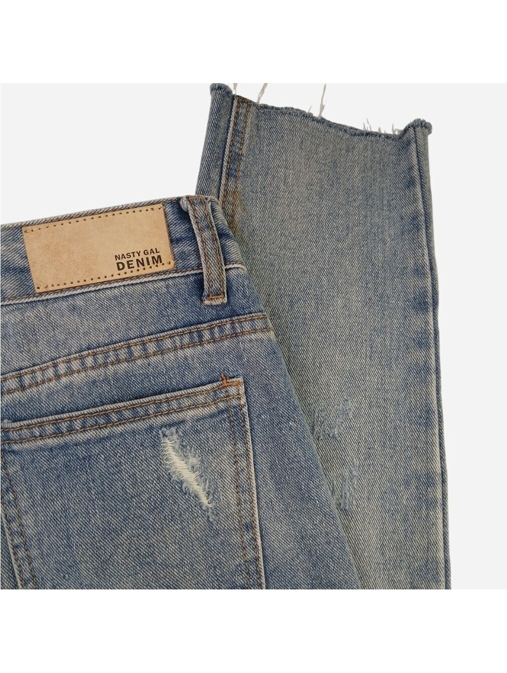 Nasty Gal Distressed Straight Leg Jeans Size UK 6 US 2 Light Wash Raw Hem Ripped